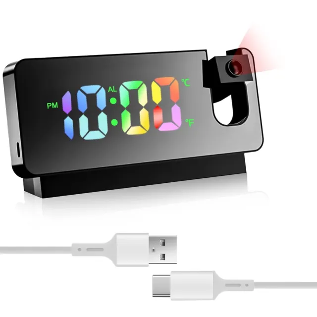 carmdering Projection Alarm Clock - Digitale Wekker Met Projectie - 180 Graden Draaibare Projector Met LED Display - Kunststof - Spiegel Scherm Met Temperatuurweergave - USB Voeding Voor Slaapkamer - 1 Stuk zwart