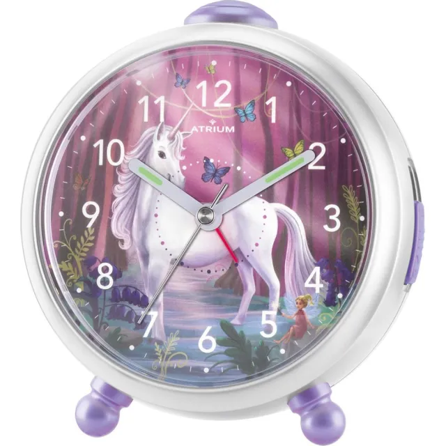 Atrium Wekker - Kinderen - Meisjes - Analoog - Unicorn - Eenhoorn -Paars / Wit - Zonder tikgeluid - Snooze - Licht/ wijzerplaatverlichting - Glow in the dark wijzers - Grote knoppen - Wekkers Slaapkamer - A932-0