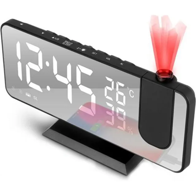 REDOM Digitale Wekker 18,5 x 7,5 x 2 cm – Tafelklok met FM-radio, Dubbel Alarm en 180° Projectie – Temperatuur- en Luchtvochtigheidsweergave – Slaapkamer en Kantoor Zwart-witlettertype