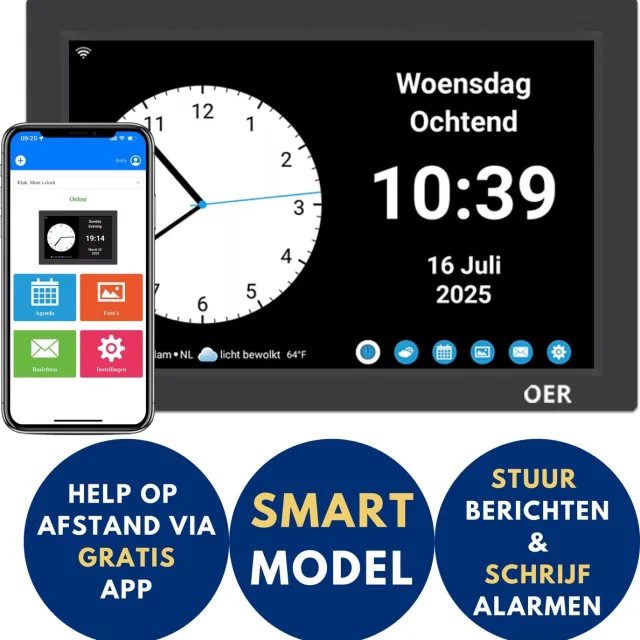 OER Smart Dementieklok – Digitale & analoge weergave – Beheer agenda via GRATIS App – Spreekt tijd & dagdeel uit – Schrijf op maat gemaakte alarmen – Stuur berichten en foto´s Zwart