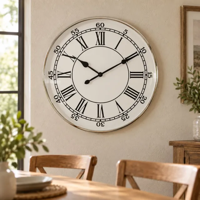 Hoppa! Ronde wandklok met Romeinse cijfers - Crème/Chroom - 6 x 76 x 76 cm (B x D x H)
