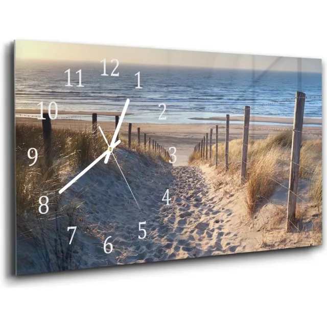 Mydesignglas Grote Glazen Wandklok XXL Wandklok 60x30 cm - Gehard Glas - Pad naar de Noordzee Wit - Stille Klok voor Woonkamer & Keuken - Modern Design White