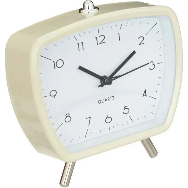 Atmosphera Wekker/alarmklok Malaga - creme wit - metaal/glas - 14 x 14 cm - op pootjes - batterij voeding