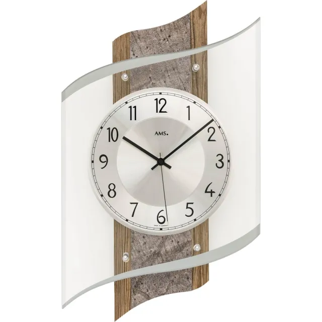 AMS 5518 Wandklok hout, notengekleurd en Natuursteen Zilverkleurig