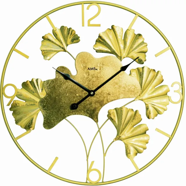 AMS W9703 - Wandklok - Analoog - Quartz uurwerk - Rond - Metaal - Ginkgo bladeren - Cijfers - Strepen - Goudkleurig - D 50 x 4 cm