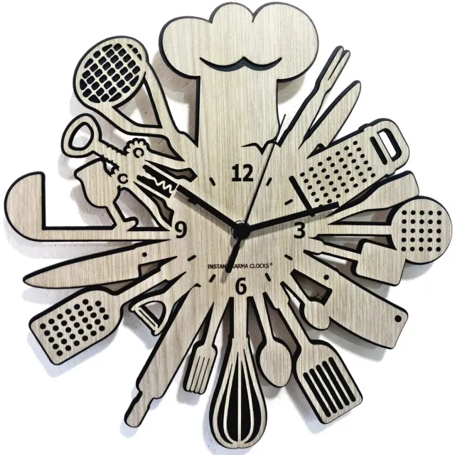 Instant Karma Clocks Instant Karma Klokken | Keukenklok ➤ Wandklok voor Kok | Restaurant | Chef | voor Thuiskoks | Wandkunst Keukengerei Design Beige