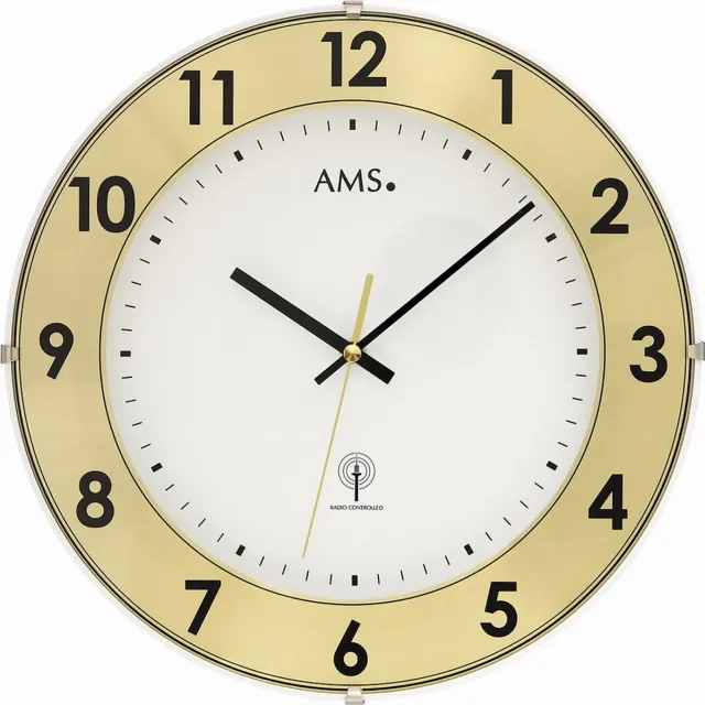 AMS F5947 - Wandklok - Analoog - Radiogestuurde tijdsaanduiding - Rond - Kunststof - Aluminium - Mineraal Glas - Wit - Goudkleurig - Zwart
