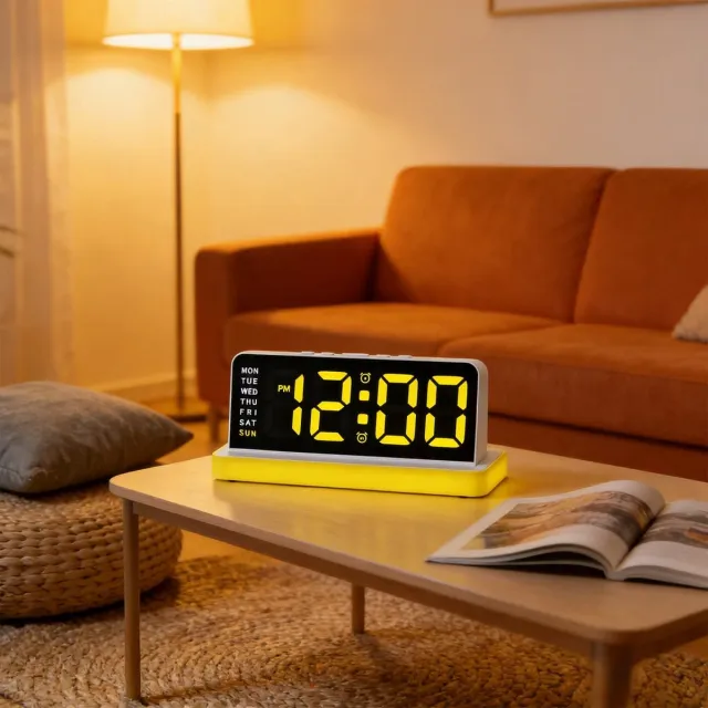 Ulisem LED Digitale Wandklok Met Groot Display - Wandklokken - Temperatuurweergave - Datum En Kalender - Verstelbare Helderheid - USB Voeding - Modern Elektronisch Tafelklok Voor Slaapkamer Woonkamer Kantoor - Geel
