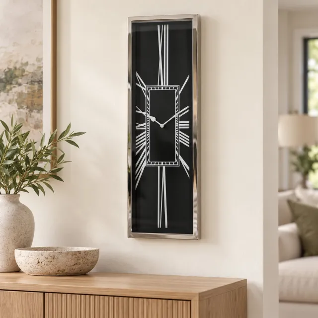 Hoppa! Verticale wandklok met Romeinse cijfers - Zwart/Chroom - 5 x 20 x 61 cm (B x D x H)