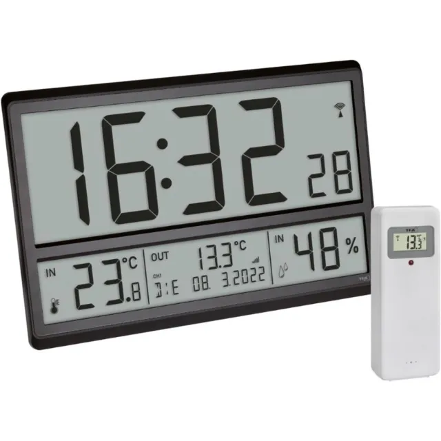 TFA Dostmann XXL Radiografische Digitale Klok - Grote Wandklok Met Buiten En Binnen Temperatuur - Wekker Met Snooze Functie - Datum En Weekdag Weergave - Zwart