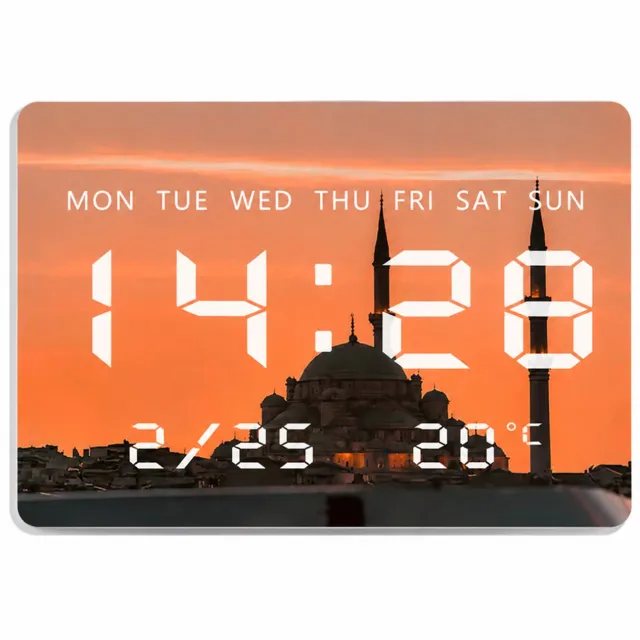 SWGOTA Digitale LED-wandklok 27,5 x 20 cm - Tijd, weekdag, datum en temperatuur - Afgeronde rechthoek met zonsondergang Multicolor