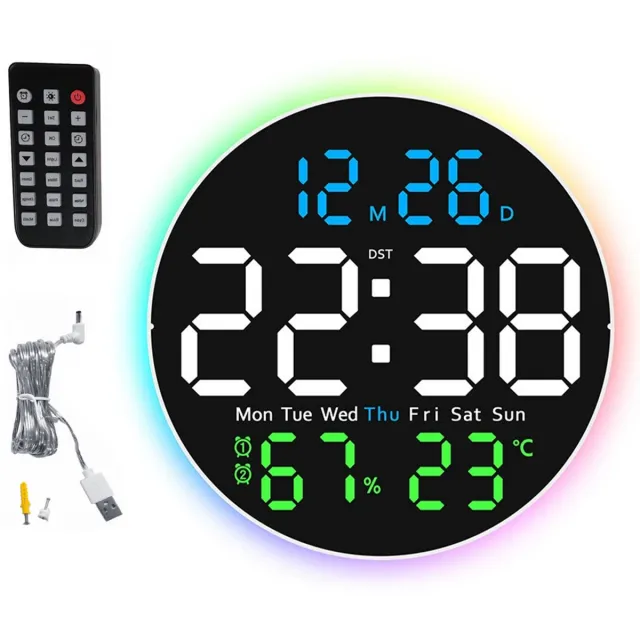 Ruijingsky Digitale Klok Wandklok LED – Moderne 10 Inch Ronde LED Wandklok - met driekleurige verlichting, nachtlampje - multifunctionele klok met weergave van temperatuur en luchtvochtigheid en geruisloze werking - inclusief afstandsbediening Wandklok Blauw