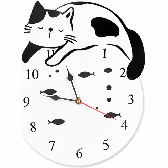 SWGOTA Wandklok van acryl met kat en visjes, 30 x 24 cm, analoog met cijfers, decoratieve klok voor woonkamer en slaapkamer Zwart