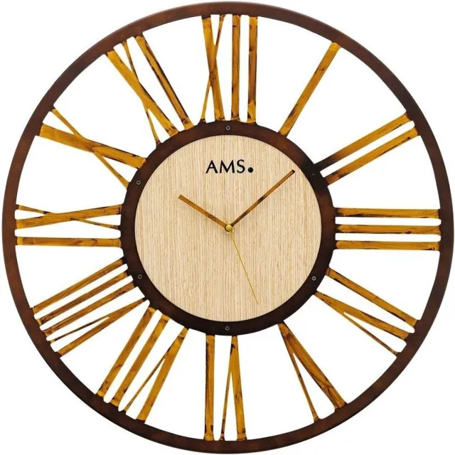 AMS W9648 - Wandklok - Analoog - rond - metaal - hout - Zwart - Bruin - 50 cm ø