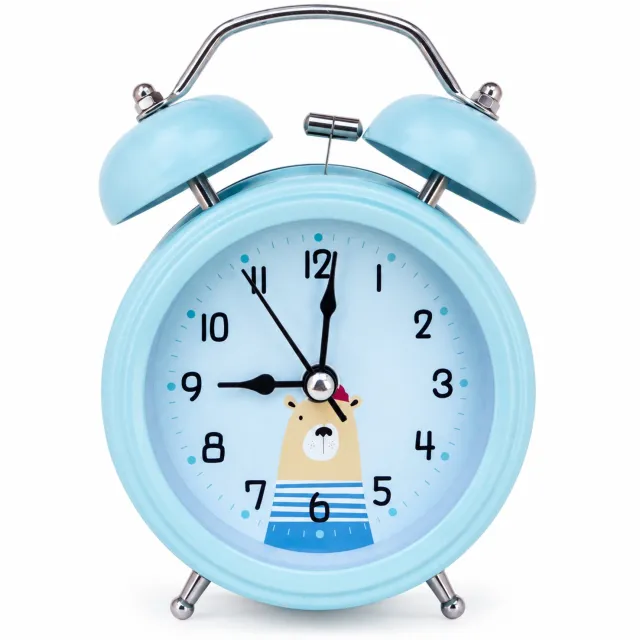 SWGOTA wekker van 3 inch - blauwe cartoonbeer - analoge wijzerplaat en dubbele bel - metalen behuizing - stil uurwerk - voeding met 1 AA-batterij