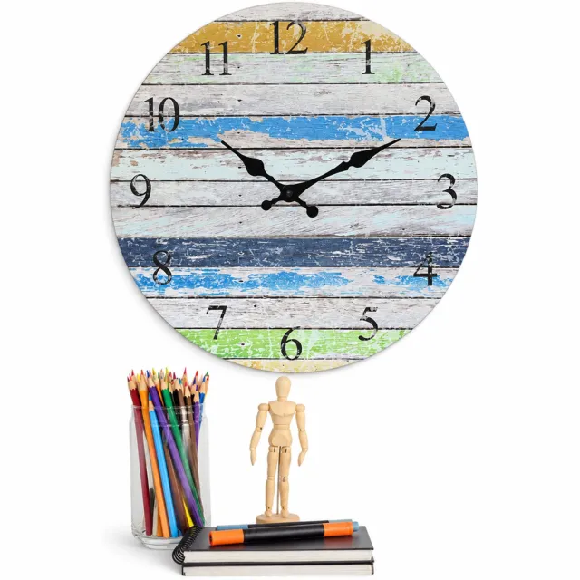 SWGOTA Ronde MDF wandklok 14 inch - stil, met zwarte cijfers en wijzers en kleurrijk retro houtpatroon Meerkleurig