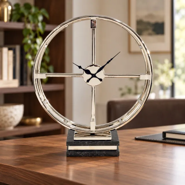 Hoppa! Grote ronde tafelklok op marmeren voet - Chroom/Zwart - 13 x 41 x 48 cm (B x D x H)
