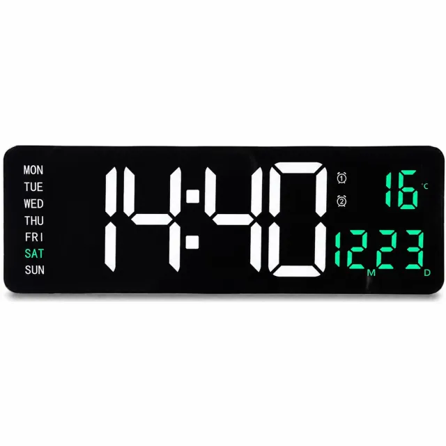 SWGOTA wekker - Digitale LED-wandklok met witte en groene cijfers, kalender en temperatuurweergave - Externe voeding - 3,1 cm dik