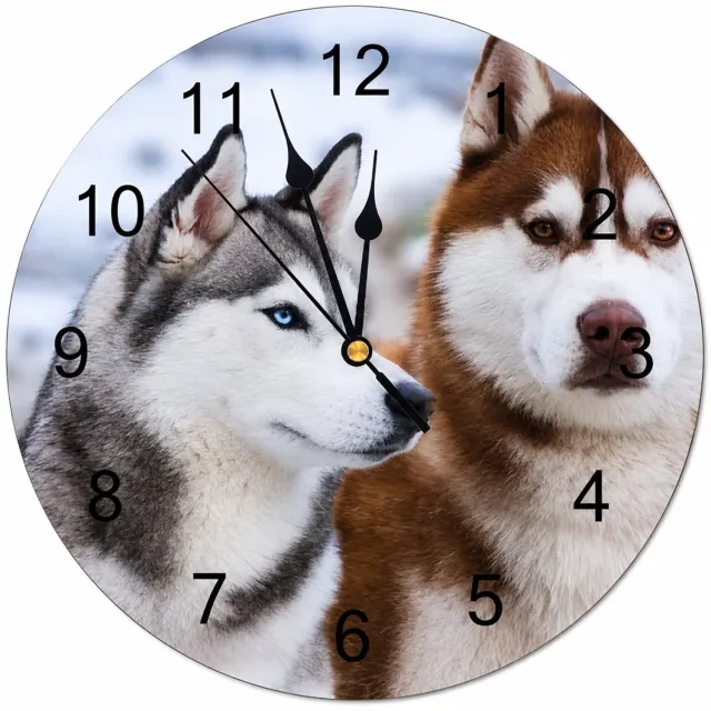 SWGOTA Stille MDF wandklok 14 inch met twee husky's, ronde wijzerplaat met zwarte cijfers en wijzers Grijs