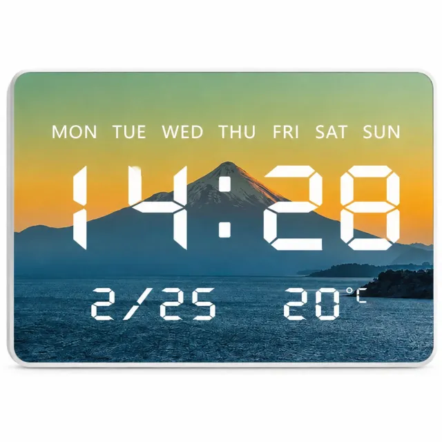 SWGOTA Digitale LED-wandklok 27,5 x 20 cm met berglandschap, dag, datum- en temperatuurweergave, 30 mm dik