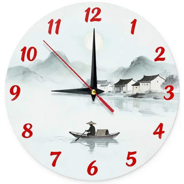 SWGOTA Ronde houten wandklok 20 cm met Chinees inktlandschap en vissersboot, rode cijfers Zwart