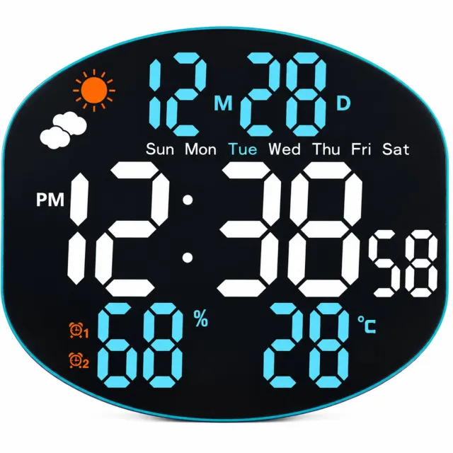 SWGOTA Digitale LED-klok met blauw-witte weergave, grote tijdcijfers, datum, temperatuur en luchtvochtigheid, voor wand of tafel