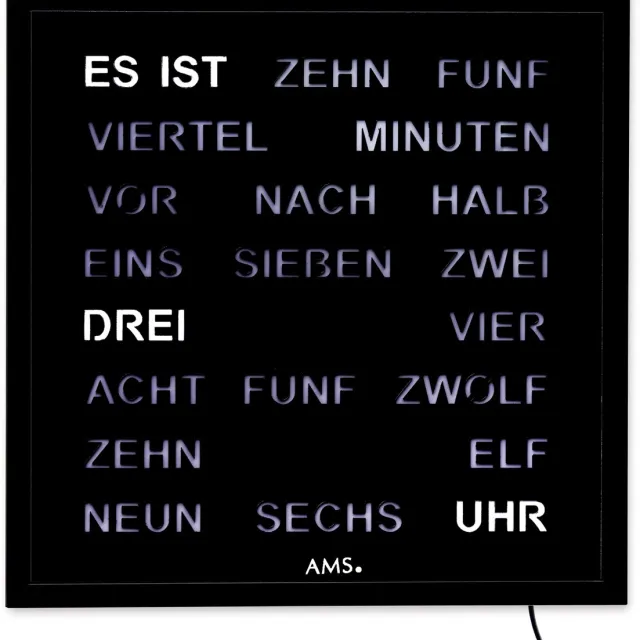 Intertime woordklok 40x 40cm - zwart / wandklok / tijd in woorden / adapter Duitse Tekst
