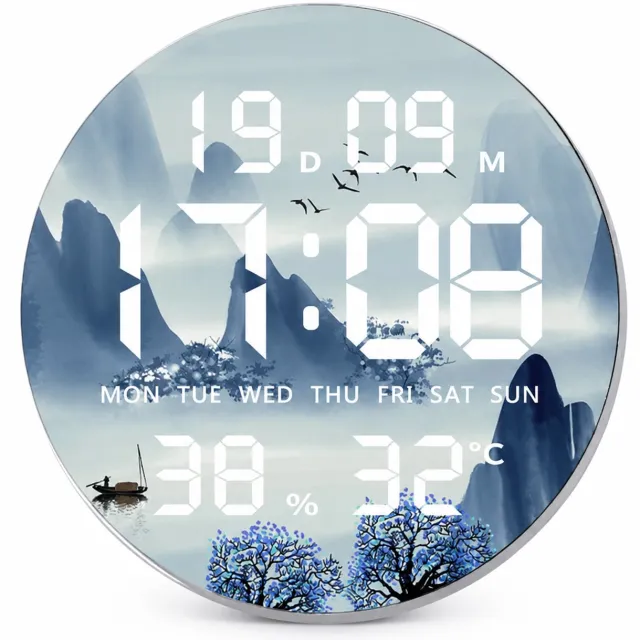 SWGOTA Ronde digitale LED-wandklok, 24 cm, met temperatuur, luchtvochtigheid, datum en weekdag, blauwgrijs berglandschap