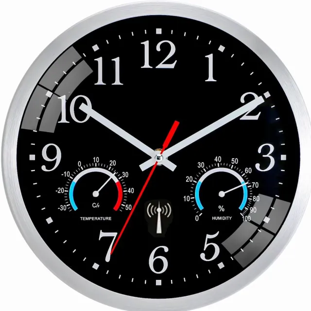 Unyqoos Stille radiogestuurde wandklok met temperatuur- en vochtigheidsweergave, zwart, 25 cm