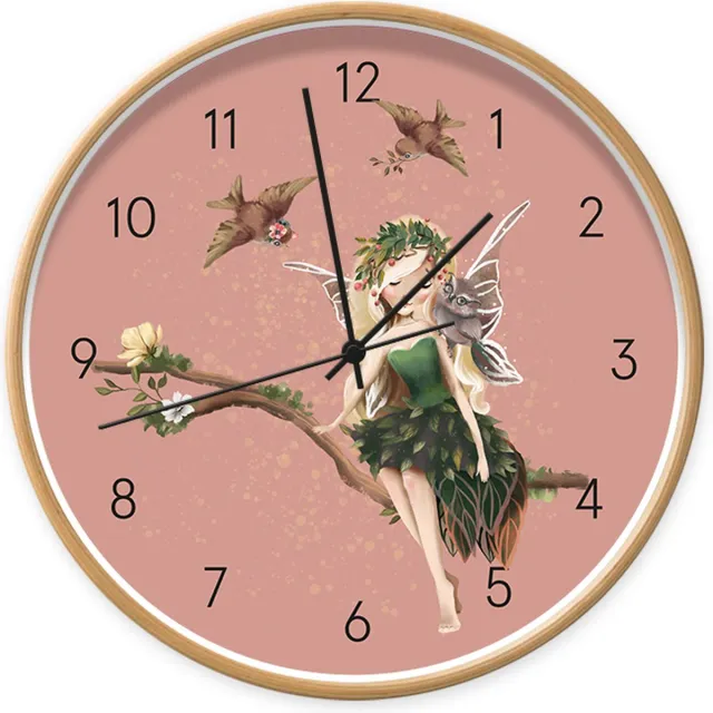 Dutch Sprinkles Klok Fairy Aurora roze 30 centimeter Dutch Sprinkles - kinderklok met elfje met blond haar - houtlook frame zwarte wijzers - kinderkamer accessoire - meisjes klok - geluidloze wandklok tikt niet - elfje roze blond hout meisjeskamer