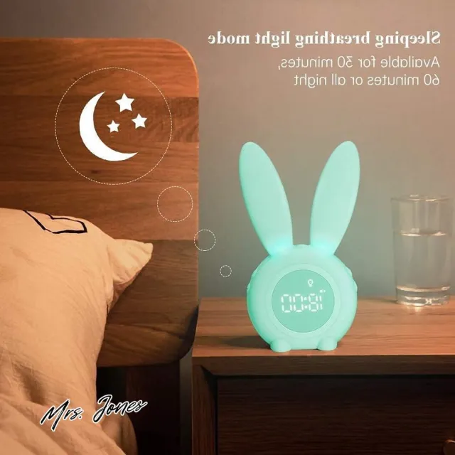 Mrs. Jones Lichtwekker kinderen konijn alarm clock wake up light creatieve lamp stil nachtlicht sluimerfunctie 6 luide geluiden tijdgestuurd nachtlampje groen . Blauw, Groen, Roze