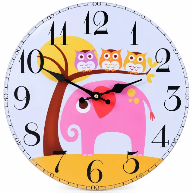 SWGOTA Wandklok met roze olifant en uilen, ronde enkelzijdige wijzerplaat en stil uurwerk