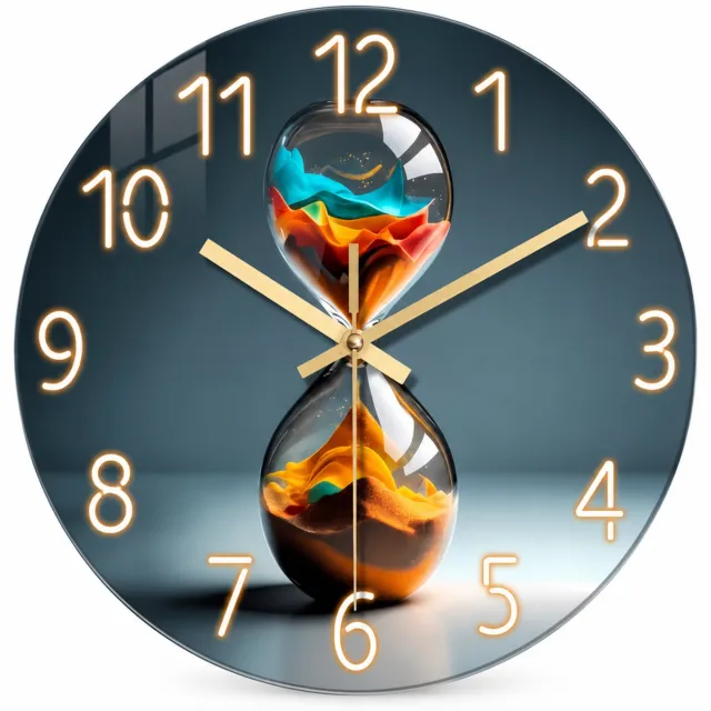 SWGOTA Ronde wandklok van gehard glas, 12 inch, stil quartz-uurwerk, zandlopermotief en Arabische cijfers Blauw