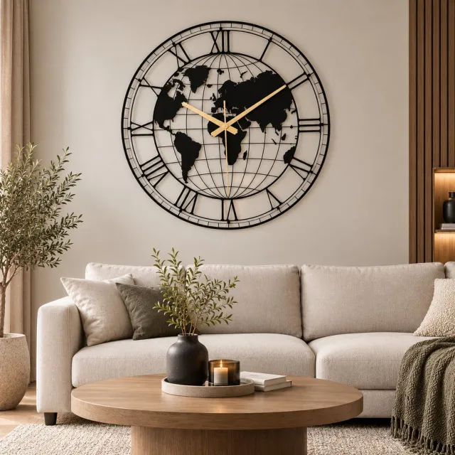 WallArtStore Wandklok Metaal-Wandklok Wereldkaart-Wandklok Romeinse cijfers-70cm-Stil Uurwerk-Zwart Goud