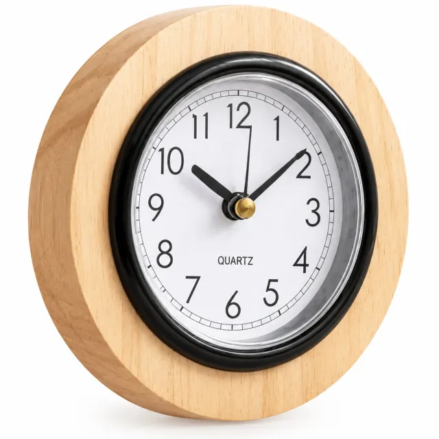 SWGOTA Magnetische houten koelkastklok met stil kwartsuurwerk - ronde wijzerplaat, naturel met zwarte klokrand