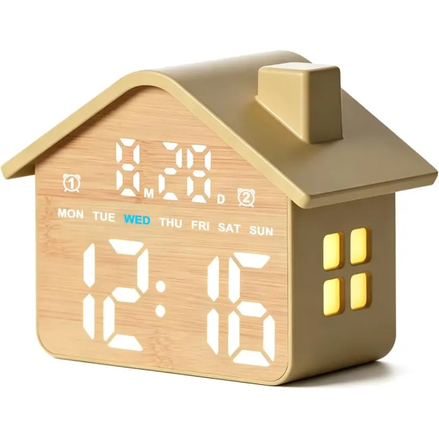 zurabini Digitale Houten Wekker - LED Alarmklok met Datum & Weekdag - 2 Alarmen - Snoozefunctie - Dimbaar Display - Nachtlampje - USB Voeding - Nachtkastwekker voor Slaapkamer, Kinderkamer & Kantoor Natuurlijke houttinten