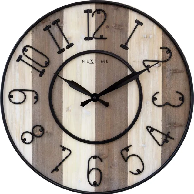 Nextime Oxford – Grote Industrial Wandklok – 50 cm – Metaal/Hout – Zwart – Stil bruin
