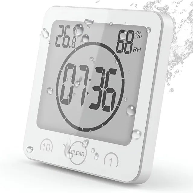 QTTVBTNA Digitale Badkamerklok met LCD Display – Douche Klok met Zuignap, Countdown Timer, Temperatuur- & Luchtvochtigheidsmeter – Waterbestendige Wandklok voor Badkamer & Keuken (Wit)