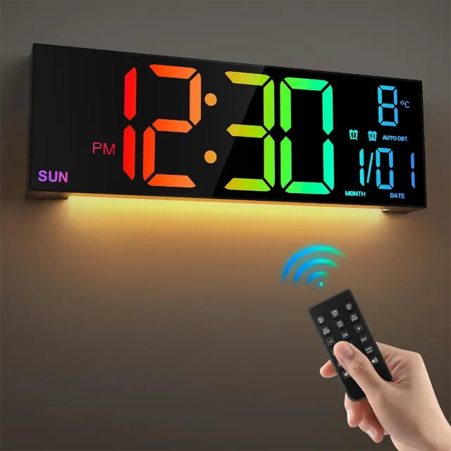 carmdering Digitale Wandklok – LED Klok – 16 Inch – RGB – Grote Cijfers – Afstandsbediening Zwart