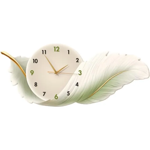 SNQ Wandklok - Luxe verenklok - Wandklok met verendecoratie - 50 x 21 cm - Decoratieve wandklok voor de eetkamer - Stille decoratieve wandklok - Grote wandklok - Metalen wandklok voor huisdecoratie - Groen en wit