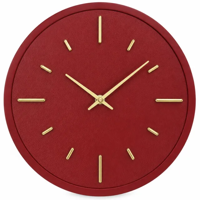 SWGOTA Wandklok 12 inch bordeauxrood met goudkleurige wijzers en uurmarkeringen, ronde metalen kast en wijzerplaat met structuur, 1 stuk