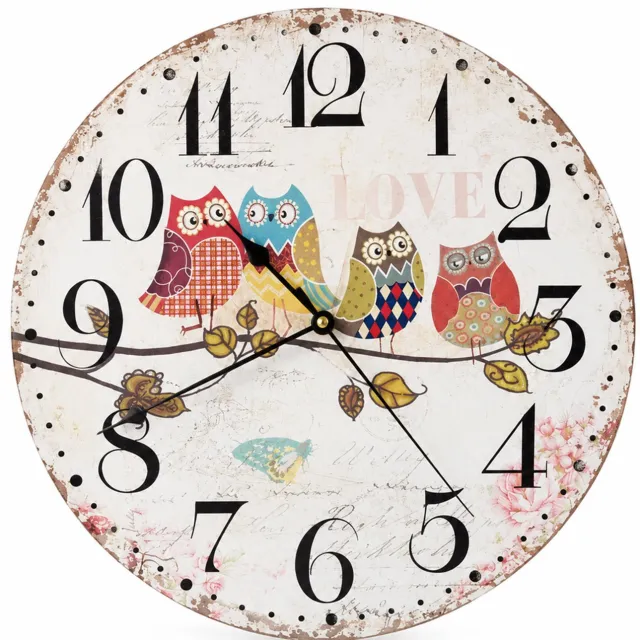 SWGOTA Ronde wandklok met uilen op een tak - Stil uurwerk - Enkelzijdige wijzerplaat - Vezelplaat van 5 mm Multicolor
