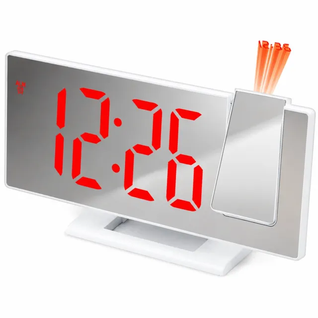SWGOTA LED-projectiewekker met rode cijfers, automatische lichtdetectie en USB-voeding - Witte rand, spiegelend front en voet