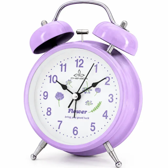 SWGOTA Paarse metalen wekker, 4 inch - dubbele bel, analoge wijzerplaat, stil uurwerk en nachtverlichting