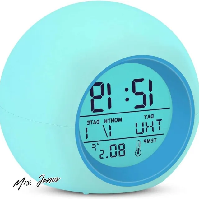 Mrs. Jones Digitale wekker voor kinderen zonder tikken - wisselend licht in 7 kleuren - snooze - temperatuurweergave - beginners op school . Blauw