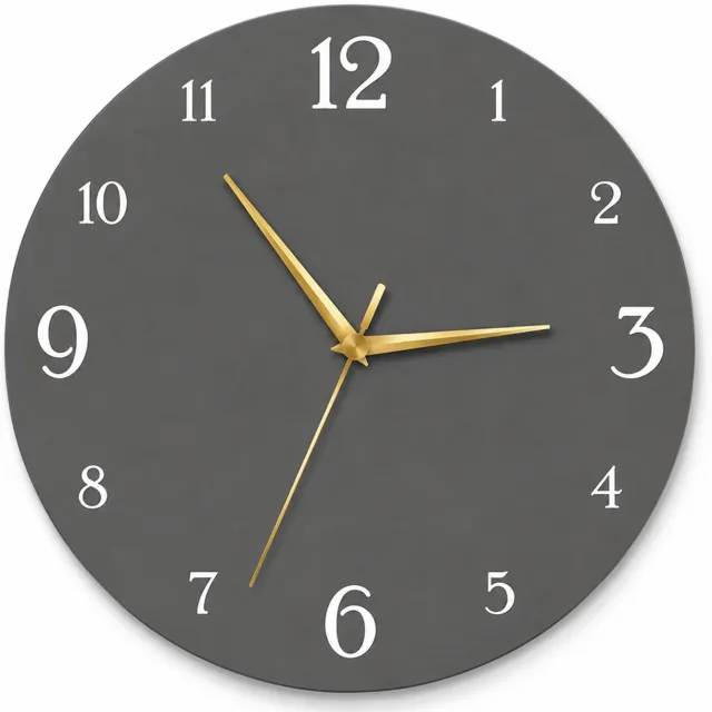 SWGOTA Ronde grijze wandklok, diameter 30 cm, vlak gehard glas, witte cijfers en goudkleurige wijzers, modern ontwerp Grijs