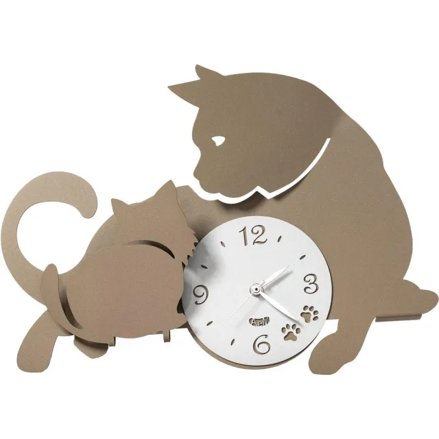 MadDeco Arti - Mestieri - klok - metalen - wandklok - moederpoes - met - kitten - beige