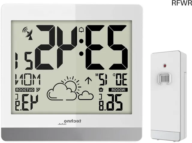 RFWR Digitale radiografisch bestuurbare wandklok met temperatuurweergave en weersvoorspelling Glanzend wit en zilver