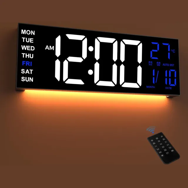 Mee 2ou 16,5 inch grote digitale LED-wandklok met nachtlampje, automatische dimfunctie, 2 wekkers, 8 RGB-kleuren, temperatuurweergave, afstandsbediening, 12/24-uurs timer voor woonkamer, slaapkamer en kantoor Zwart