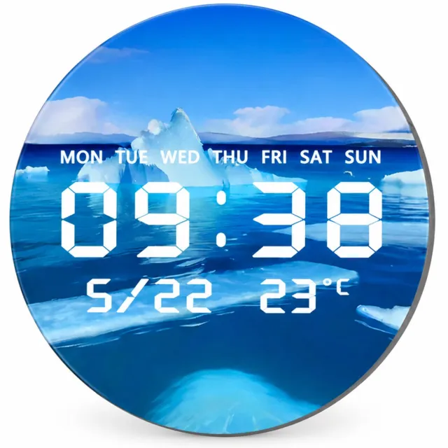 SWGOTA Digitale LED-wandklok Ø 30 cm met ijszeelandschap, tijd, datum, weekdag- en temperatuurweergave, 30 mm dik Blauw